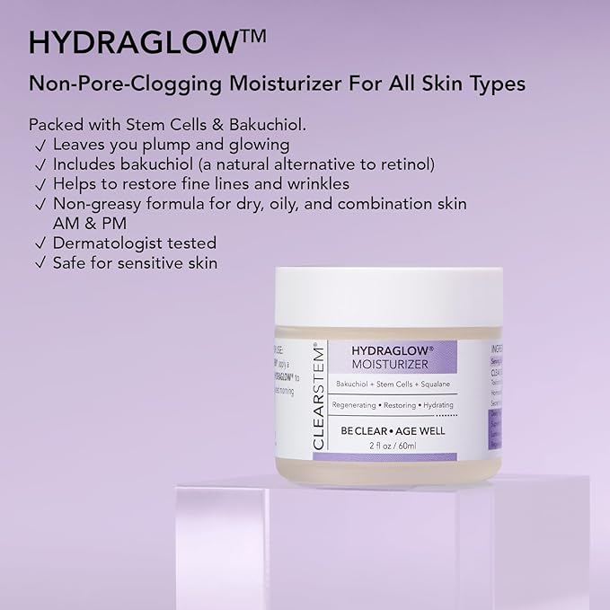 CLEARSTEM - HYDRAGLOW Stem Cell Moisturizer - Bakuchiol + Squalene - Youthful Skin Face Moisturizer - All Skin Types - Facial Skin Care Products - Gluten Free, Cruelty Free - 2 fl oz / 60ml