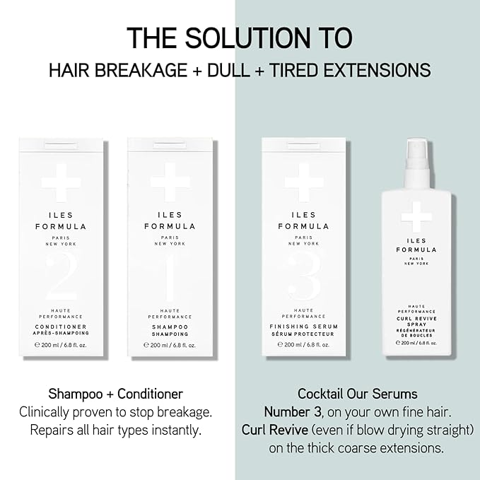 ILES FORMULA Extension Pack – Shampoo + Conditioner + Finishing Serum + Curl Revive Spray & Conditioner Distribution Comb in Faux Leather Beauty Bag (6-Piece Set) - Sulfate, Silicone & Paraben Free