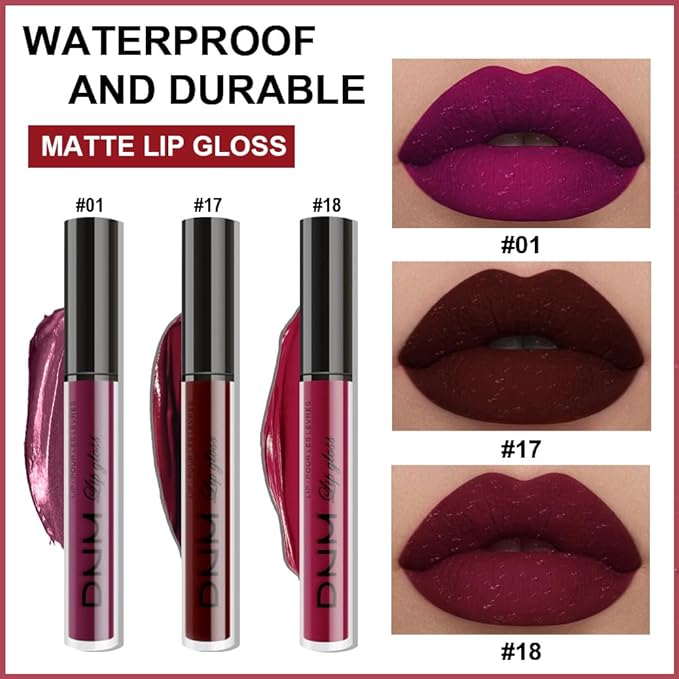 AMY'S DIARY Dark Red Purple Matte Plum Liquid Lipstick 3Pcs Sets,24-hour Lipstick Dark Deep Maroon Purple Brown Plum Red Lip Stain 24 Smudge Waterproof for Women