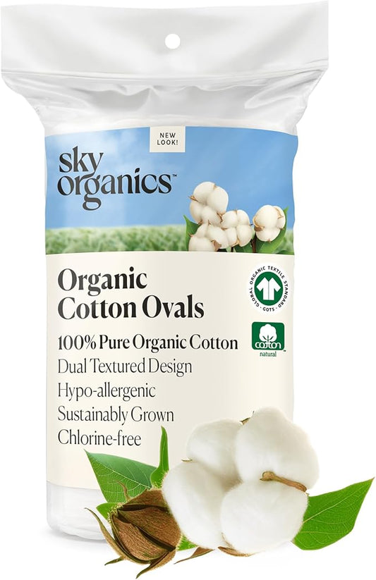Sky Organics Organic Large Oval Cotton Pads, 100% Pure Organic Cotton, GOTS Certified Cotton, Dual Textured Design, for Makeup Removal, Cleansing, Toner Application w Ebook