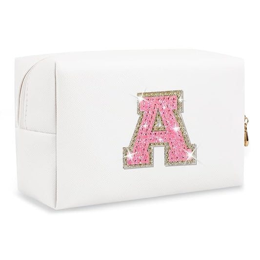 Small Initial Patch Makeup Bag Personalized Gifts Make Up Bag,White Cute PU Leather Glitter Letter Cosmetic Bag with Zipper,Trendy Portable Travel Toiletry Pouch,Preppy Stuff for Teen Girls Women A