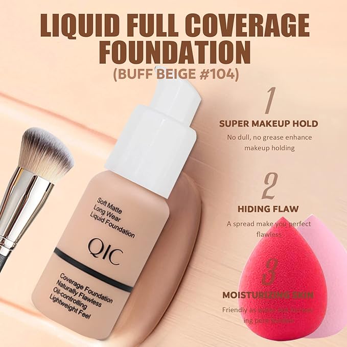 All in One Makeup Kit, Includes 12 Colors Naked Eyeshadow Palette, Beige Liquid Foundation, Lipstick Set, Eyebrow Soap, Eyeliner Stamp, Waterproof Mascara, Brush, Sponges