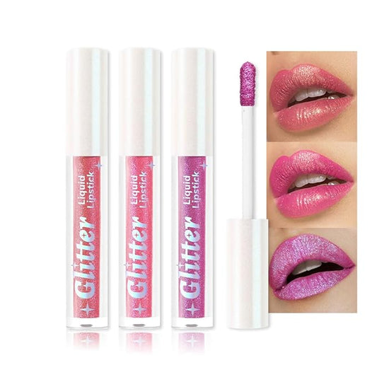 3Pcs Metallic Lipstick for Women,Lightweight Glitter Sparkling Liquid Lipsticks,Shimmer Lip Gloss Stain Long Lasting Waterproof Smudge Proof Non-Drying 24 Hour Full Coverage Lip Makeup,Vegan