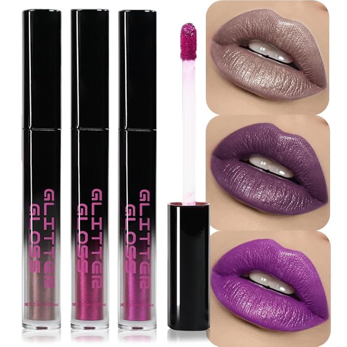Taupe Purple Dark Purple Metallic Lipstick for Women,Glitter Sparkling Liquid Lipstick,Long Lasting Waterproof Lightweight Non-Drying Bold Dark Lip Gloss for Gothic Stage Makeup,Vegan