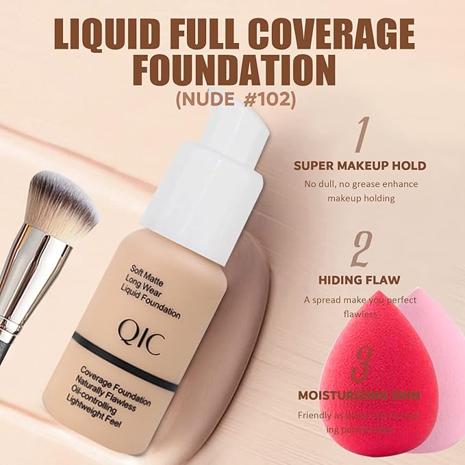 All in One Makeup Kit, Includes 12 Colors Naked Eyeshadow Palette, Nude Liquid Foundation, Lipstick Set, Eyebrow Soap, Eyeliner Stamp, Waterproof Mascara, Brush, Sponges