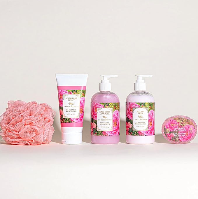 Camille Beckman Essentials Gift Basket - Rosewater Glycerine Hand Therapy 6 oz, Silky Body Cream 13 oz, Hand & Shower Cleansing Gel 13 oz, Glycerine Soap 3.5 oz