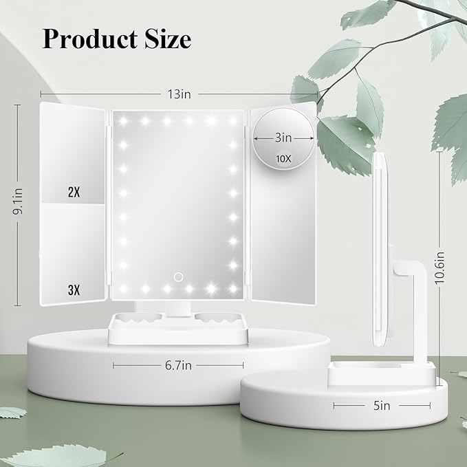 HUONUL Rechargeable Makeup Mirror with 3 Color Lights, 2000mAh Lighted Makeup Mirror, Magnetic 10X Magnifying Mirror, 360 Degree Rotation, Portable Vanity Mirror, Women Gift (Magnetic 10X-White)