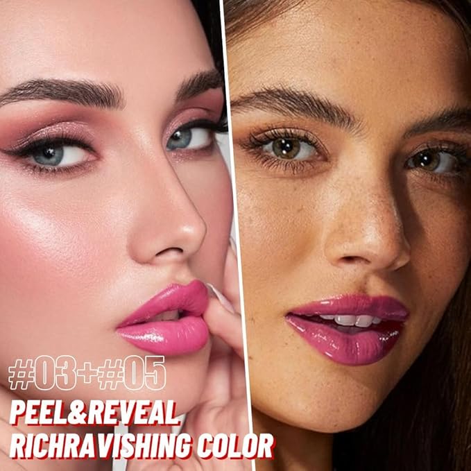 2Pcs Peel off Lip Stain Lip Oil Dual Ended Combo Set with Tweezer, 2 in 1 Hot Pink & Berry Purple Lips Liner Stain Oil Long Lasting Waterproof, High Pigmented Flawless Lips Tint Stick Not Faded