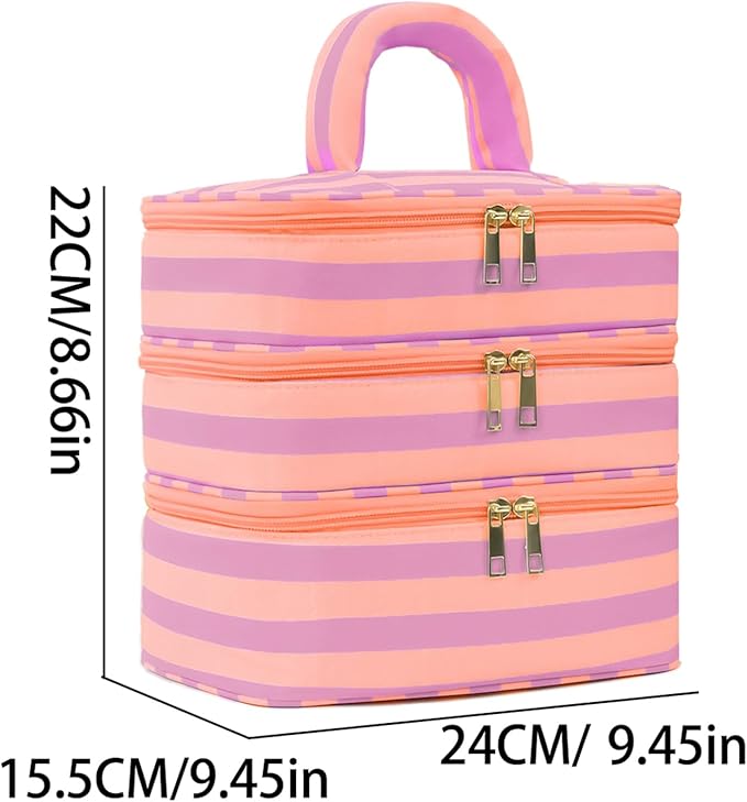 Three Layer Makeup Bag for Women Fashion Stripes Cosmetic Bag Preppy Style Travel Water-Resistant Toiletry Bag for Storage Toiletries Cosmetics Sets for Women Teen Girls Purple