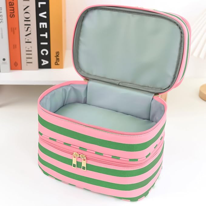 Three Layer Makeup Bag for Women Fashion Stripes Cosmetic Bag Preppy Style Travel Water-Resistant Toiletry Bag for Storage Toiletries Cosmetics Sets for Women Teen Girls Green