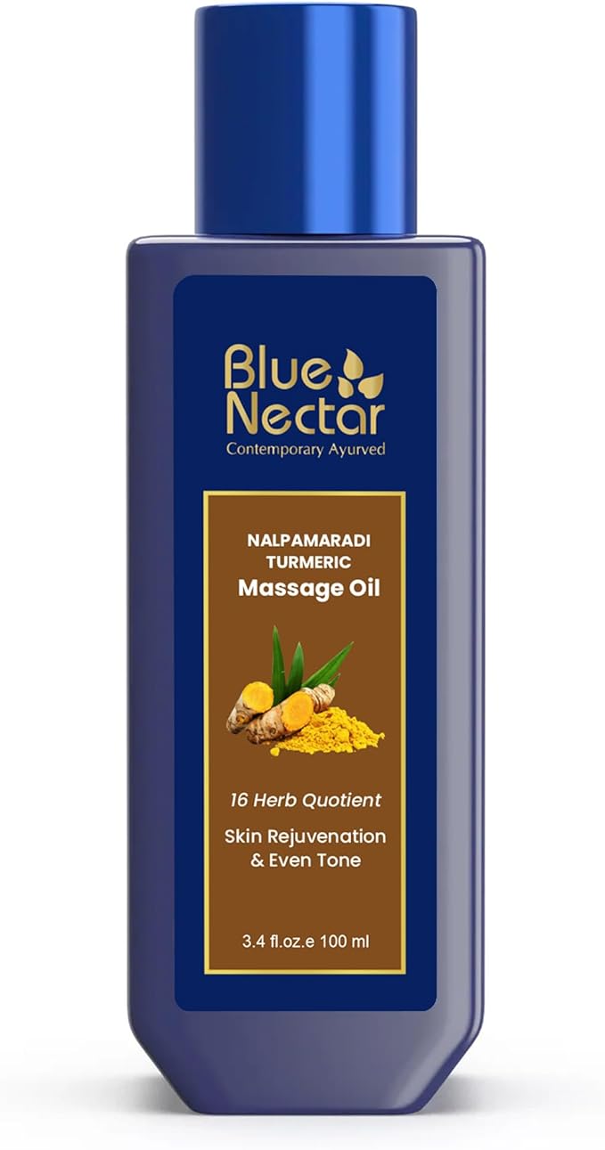 Blue Nectar Nalpamaradi Tailam Skin Radiance Oil with Turmeric | Plant Based Body Oil and Face Oil Infused with Turmeric, Amla and Manjistha (16 Herbs, 3.38 Fl Oz)