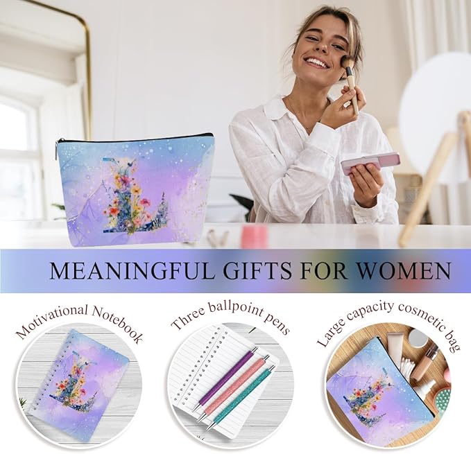 Personalized Gifts Monogrammed Birthday Gifts for Women, Mama New Mom Thanksgiving Wedding Christmas Initial 20 oz Tumbler, Makeup Bag Cup Pens Journal Notebook 6 Set, (Aesthetic Purple Flower L)