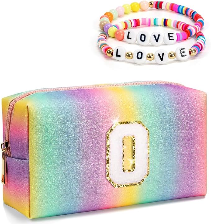 Gifts for 3 4 5 6 7 8 9 10 11 12 Girls, Preppy Makeup Bag, Party Favors for Tween Girls, Rainbow Toiletry Organizer Bag, Initial Letter Pouch, Party Gift Bags, Prize for Girls (Medium)