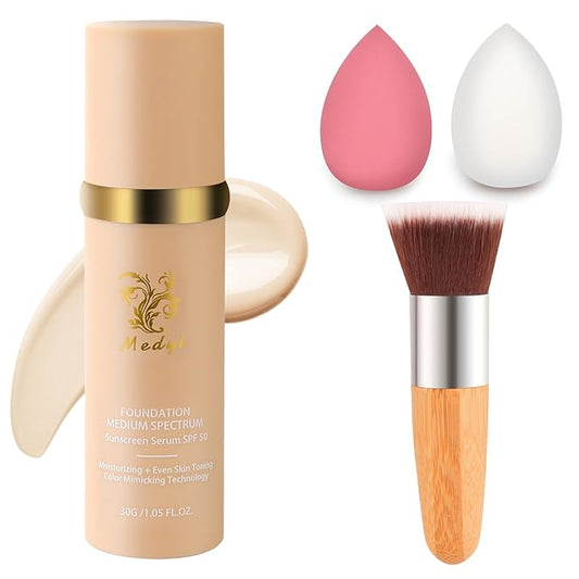 Foundation Medium 4-in-1 Color-Shifting Spectrum Foundation Concealer, Long-Lasting, Skincare, Suitable for Various Skin Types, Set Includes Foundation Brush and Sponge