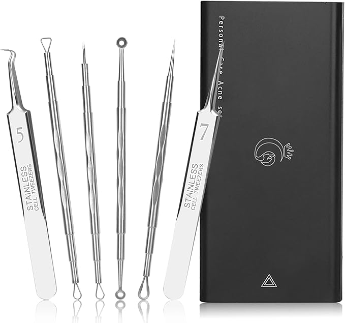 Professional Facial Blackhead Remover Tools,6-Piece Stainless Steel Acne Extractor Tools Set with Storage CaseKit for Whitehead Acne Blemishes Comedones Stainless Steel Makeup Tool