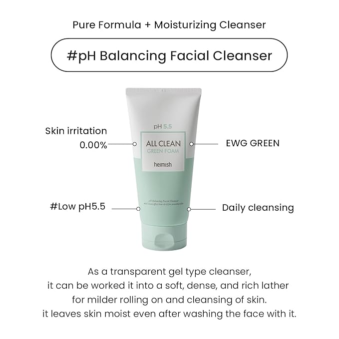 HEIMISH All Clean Green Foam Moisturizing Face Cleanser, Hydrating Gentle Gel Cleanser, Daily Face Wash for Sensitive Skin with Amino Acid, P.H 5.5, for Double Cleansing, Korean Skincare, 5.3oz/150g