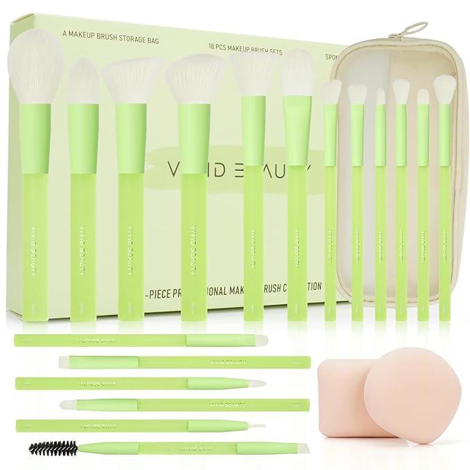 Green Makeup Brushes 18PCS – Complete Make Up Brush Set with Soft Fiber Bristles, Painted Aluminum Ferrules, Non-Slip Rubber Handles, Storage Mesh Pouch & 2 Blender Sponges