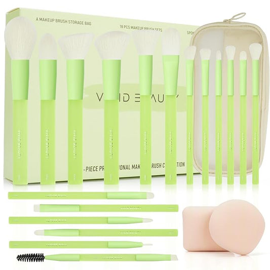 Green Makeup Brushes 18PCS – Complete Make Up Brush Set with Soft Fiber Bristles, Painted Aluminum Ferrules, Non-Slip Rubber Handles, Storage Mesh Pouch & 2 Blender Sponges