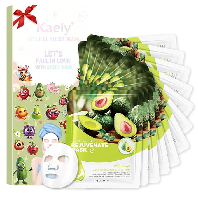 Kaely 12 Pack Avocado Face Masks for Kids, Kids Face Mask Spa Day Kit Supplies, Spa Party Favors for Teens Girls Night, Sheet Facial Mask Skincare Gifts Set, Hydrating Soothe for All Skin Types, 06