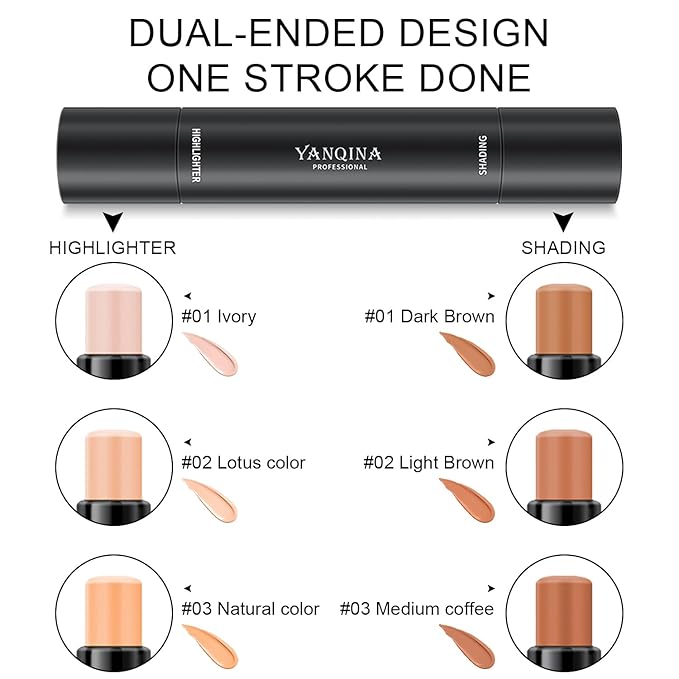 6 Colors Cream Contour Stick Makeup Kit, Shades with Highlighter, Blush and Double-End Bronzer Contour Stick for Sculpt the Cheeks, Long Lasting, Waterproof, Matte & Dewy Finish (SET B)