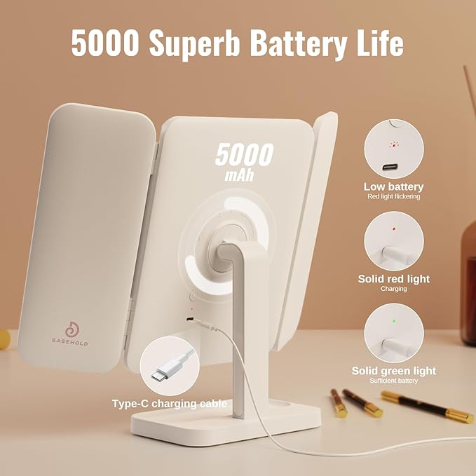 EASEHOLD Makeup Mirror with Lights, Rechargable Lighted Vanity Mirror with 116 LEDs, 1X/2X/3X Magnifying, 3-Color Mirror with LED Lights,5000 mAh Lighted Makeup Mirror, Adjustable Brightness/Angle