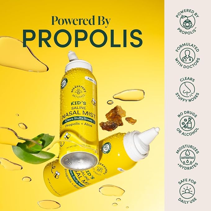 Kids' Saline Nasal Mist by Beekeeper's Naturals, Clears Stuff Noses, Nasal Spray for Kids 1+ w/ Saline, Aloe & Propolis, 3 fl oz