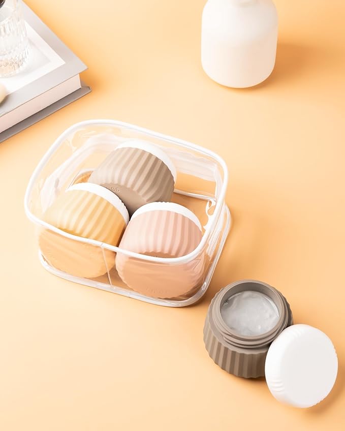 Travel Containers for Toiletries 4 Pack, TSA Approved Travel Size Toiletries, Travel Size Containers, With Clear Bag Leak Proof Silicone Jars, Travel Essentials Creams Jars Carrying Small Items