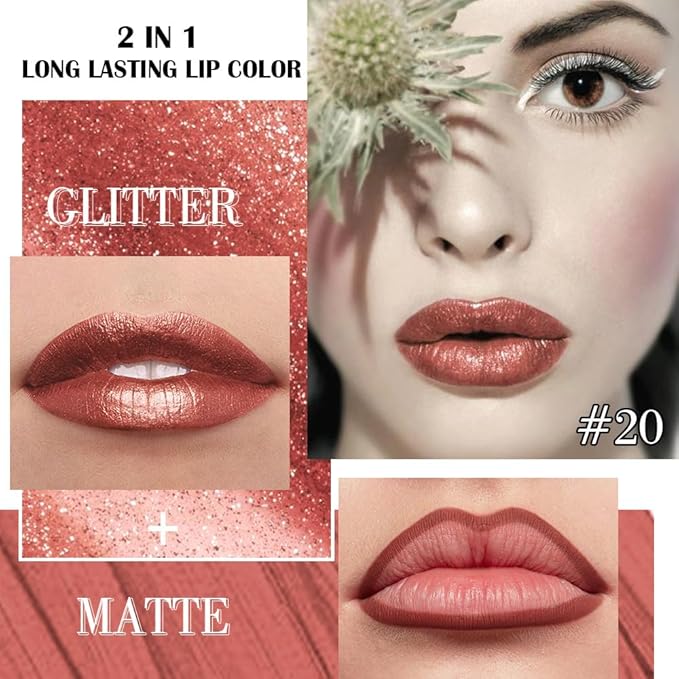 Kaely 2-in-1 Copper Metallic Lipstick and Lip Liner, Shimmer Liquid Metallic Lipsticks for Women, Glitter Lip Gloss Stain Long Lasting Waterproof Smudge Proof 24 Hour, Vegan Makeup, 20