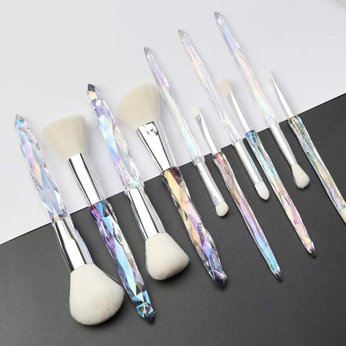 Makeup Brushes Crystal Handle Set, Tenmon 10 PCS Crystal Transparent Handle Kabuki Powder Foundation Brush Concealer Eye Shadow Eyeliner Eyebrow Brush (White)