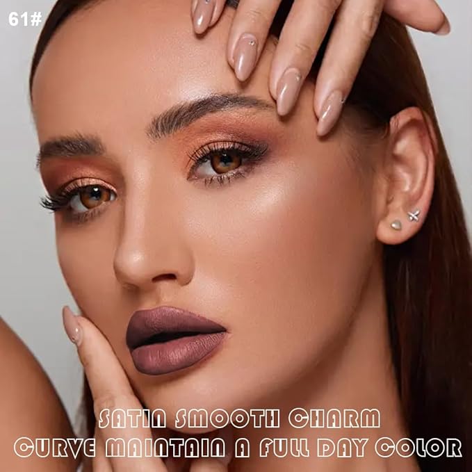 AMY'S DIARY 2Pcs Mocha Nude Matte Lip Liner and Lipstick Makeup Set, light brown Lip Stain Lip Gloss Matt Liquid Lipstick 24H Long Lasting lapiz labiales mate 24 horas originales larga duracion (61#)