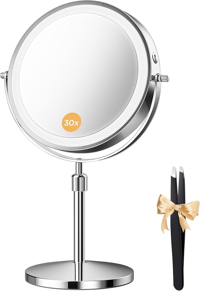 Makeup Mirror, 1X/30X Double Sided Magnifying Mirror/Switch with 3 Colors, 3200 mAh Rechargeable Vanity Mirror with 360° Rotation, Brightness Adjustable Magnification, Women Gift