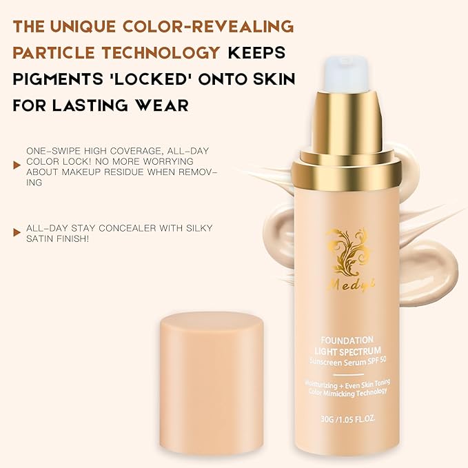 Foundation Light 4-in-1 Color-Shifting Spectrum Foundation Concealer, Long-Lasting, Skincare, Suitable for Various Skin Types, Set Includes Foundation Brush and Sponge (2 Pack)