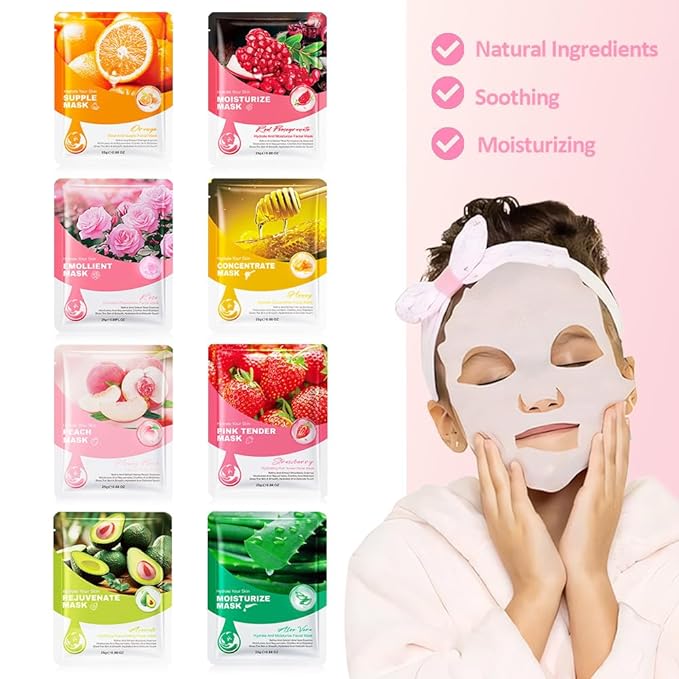 Kaely 8 Pack Variety Sheet Masks, Spa Party Face Masks for Kids Teens Skincare Set, Girls Night Facial Masks Skin Care, Moisturize Soothe for All Skin Types, Birthday Christmas Gifts, Set01
