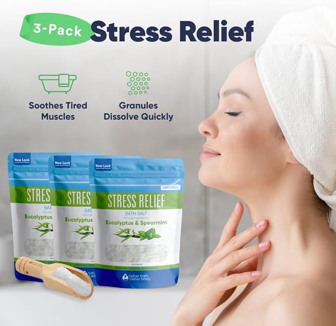 Stress Relief Bath Salt (3 Pack Plus Scoop) Epsom Salt Relaxing Bath with Eucalyptus and Spearmint Essential Oils Plus Vitamin C Crystals in BPA Free Pouch Made in USA 2 lbs Pouches 6 Lbs Total