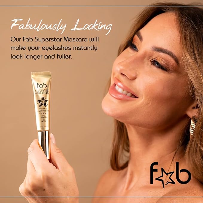 Fab Superstar Mascara: Waterproof Volumizing High Lash Lift Beauty Mascara: Black Liquid Mascarra for Bold Volume and Length - Infused with Keratin and Biotin for Longer, Better Defining Lashes - 10ml