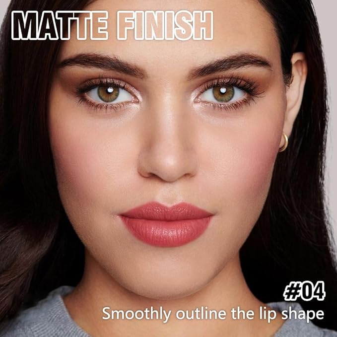 Matte Lipstick Crayon Set for Women, Ruby Red 24 Hour Lipstick Lip Liner Pencil, Neutral Lip Stick Lipliner Long Lasting Waterproof Smudge Proof, Vegan & Cruelty-Free, 04