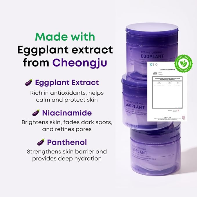 Eggplant Peeling Toner Pads – Korean Toner Pads Exfoliating, Dual Action for Pore Care & Skin Barrier, Improves Rough and Dull Skin, Removes Dead Skin & Blackheads, Dual Side Cotton, 50 Pad