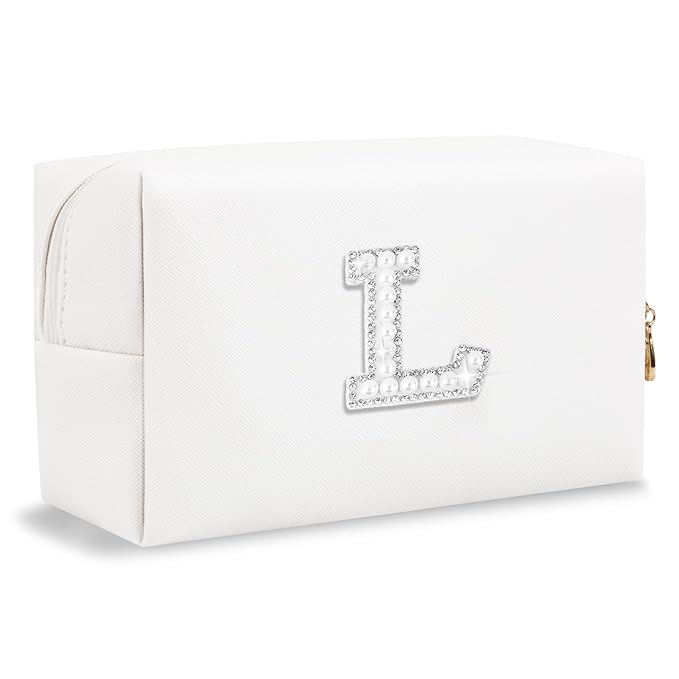 Bride Gifts – Personalized Initial Makeup Bag with Pearl Rhinestone Patch, Preppy White Monogram Cosmetic/Toiletry Pouch, bridesmaid Gifts, Bridal Shower Gifts, Wedding Gifts, Bridal Gifts,L