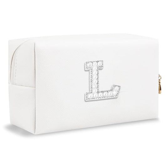 Bride Gifts – Personalized Initial Makeup Bag with Pearl Rhinestone Patch, Preppy White Monogram Cosmetic/Toiletry Pouch, bridesmaid Gifts, Bridal Shower Gifts, Wedding Gifts, Bridal Gifts,L