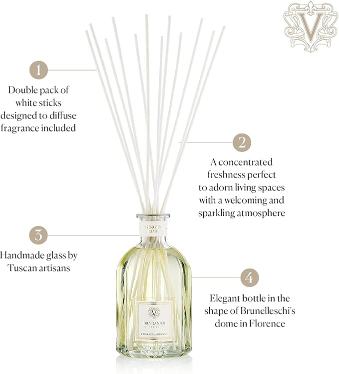 Dr. Vranjes - Ginger Lime 500 ml Diffuser + Double Pack of White Sticks (3 Pieces Bundle)- Luxury Home Fragrance, Made in Italy, Main Scent: Fruity, Olfactory Pyramid: Lime, Ginger, White Pepper.