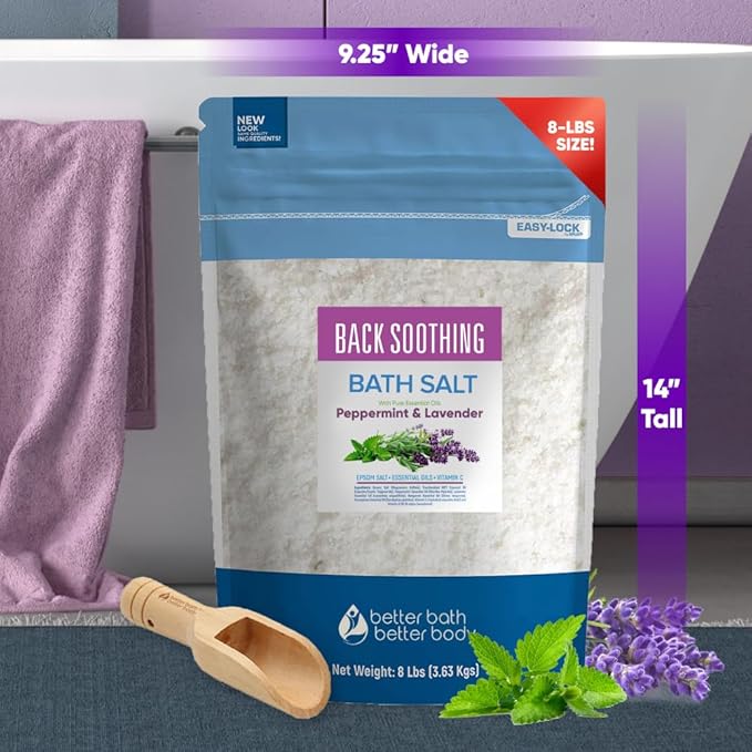 Back Soothing Bath Salt 128 Ounces (8 Lbs) USP Grade Epsom Salt with Natural Peppermint and Lavender Essential Oils Plus Vitamin C Made with Natural Ingredients