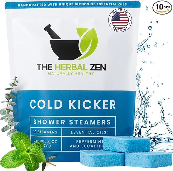 Cold Kicker Shower Steamers Aromatherapy for Sinus Relief - Adult Stocking Stuffer Christmas Gift - USA Made - Peppermint & Eucalyptus Shower Bomb Tablets - Soothing Natural Essential Oils (10 Pack)