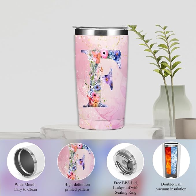 Personalized Gifts Monogrammed Birthday Gifts for Women, Aunt Grandma Retirement Christmas Initial 20 oz Tumbler, Makeup Bag Cup Ballpoint Pens Journal Notebook 6 Set, (Aesthetic Pink Flower F)