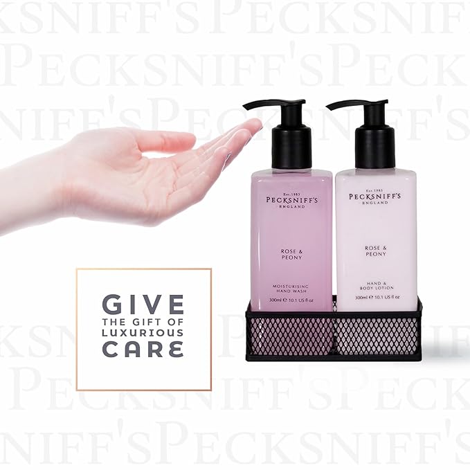 Hand Wash & Body Lotion Caddy Set (Rose & Peony) - 10.1 Fl Oz Each - Gentle Cleanser for Sensitive Skin - Moisturizing & Hydrating Hand Cream - All Natural Cruelty Free Body Wash - Pecksniff’s