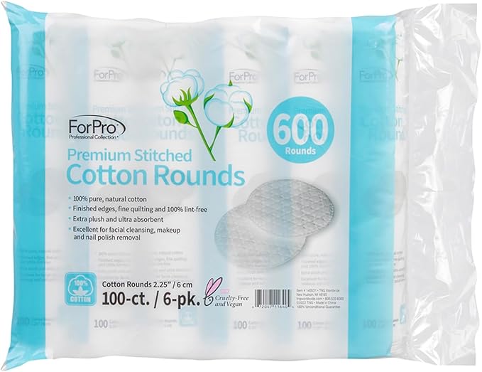 ForPro Premium Stitched Cotton Rounds, 100% Pure Cotton Pads for Removing Makeup, Nail Polish, and Cleansing Face, Pack of 6, Counts 600