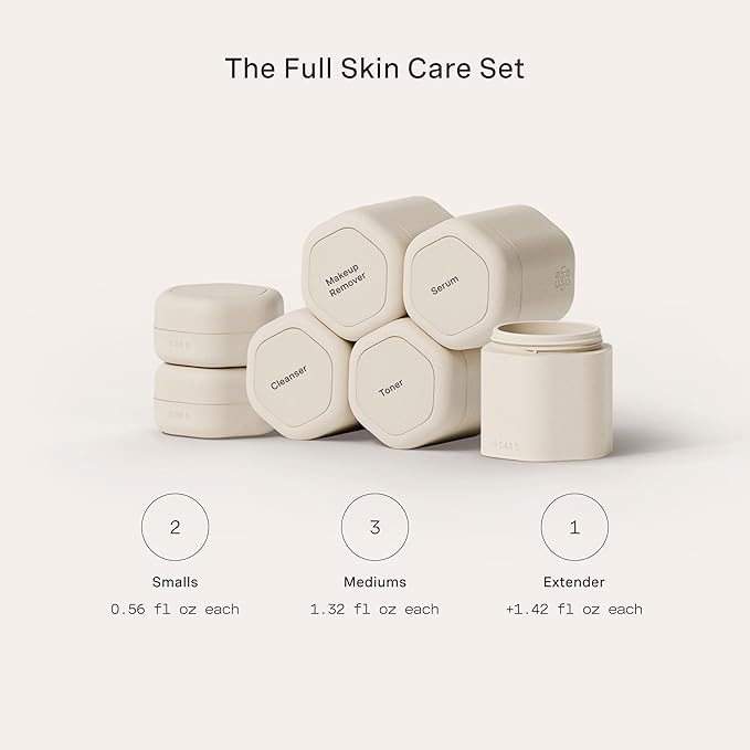 Cadence Travel Containers - Full Skincare Set - Magnetic Containers with Lids,Carry On Travel Essentials For Women/Men - 2 Small (0.56oz), 4 Medium Capsules (1.32oz), & Extender (1.43oz) - Sand