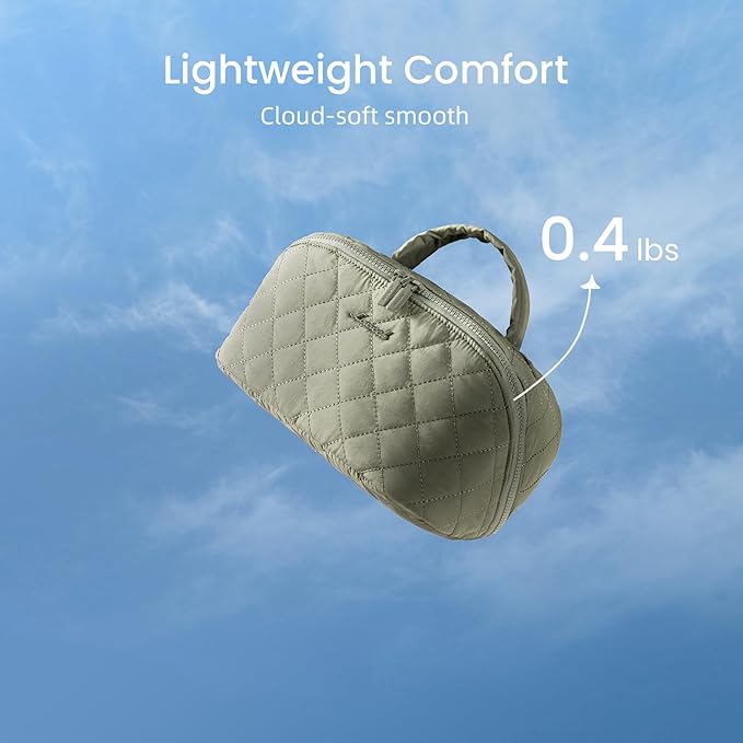 LOVEVOOK Travel Makeup Bag for Women, 2Pcs Set Puffer Waterproof Cosmetic Organizer, Large Capacity Pouch Open Flat Toiletry Bag with Divider & Handle, Portable Gift for Her, Green