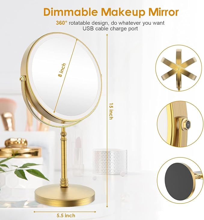 Lighted Makeup Mirror, 3000 mAh Rechargeable Double Sided Magnifying Vanity Mirror with 3 Colors, 1x/10x, 360° Rotation , Brightness Adjustable Magnification Cosmetic Light up Mirror, Women Gift