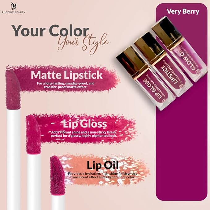 Lip Trio – Smudge-Proof Matte Lipstick + Hydrating Gloss & Lip Oil | Bold Berry Shade | Clean Beauty with Vit-E & Jojoba, Non-Toxic Lip Care Gift Set (Berry Bold)