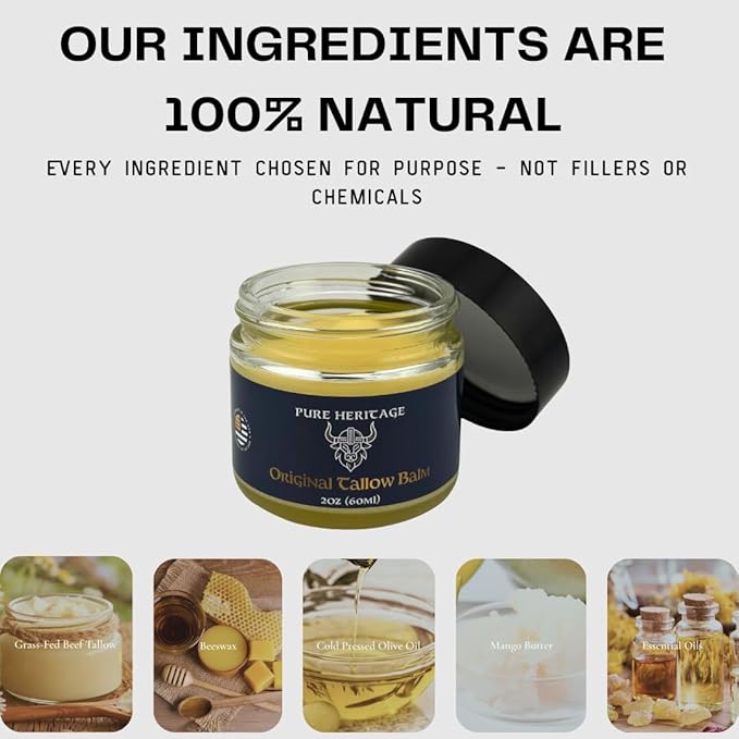 Pure Heritage Handmade Tallow Balm – Grass-Fed & Finished Moisturizer & Healing Cream with Frankincense & Cedarwood | Natural Care for Sensitive Skin, Eczema, Rosacea, Babies, Men & Women (4oz)